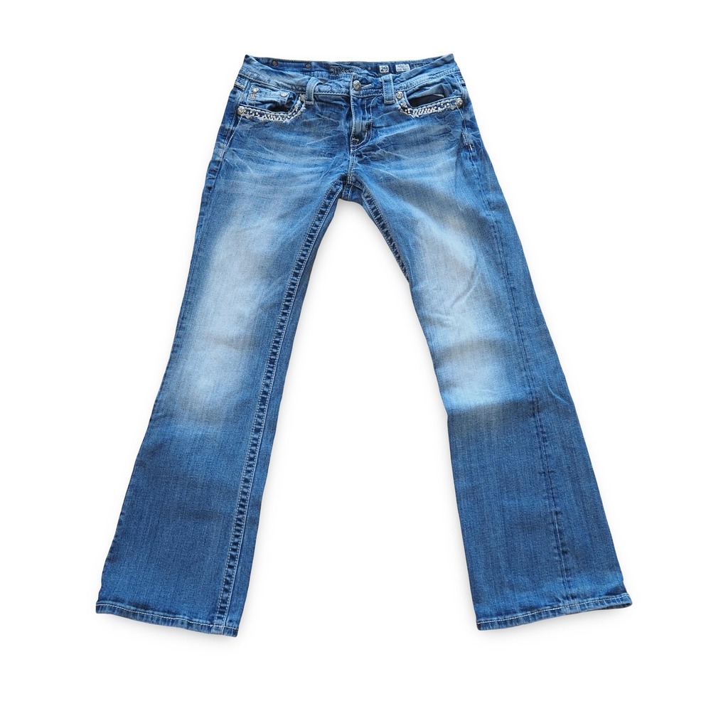 Miss Me Easy Boot Jeans Womens 29 Blue Rhinestone Distressed Bootcut JE8021EL